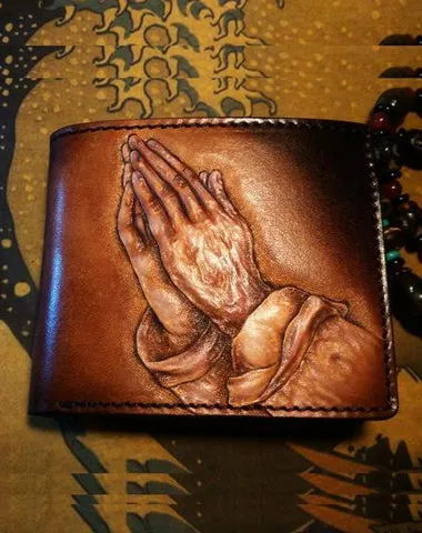 Handmade Leather Praying Tooled Mens billfold Wallet on sale Cool Leather Wallet on sale Slim Wallet on sale for Men