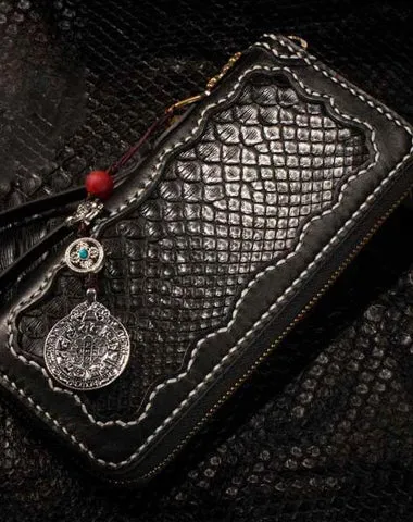 Handmade Leather Python Skin Mens Chain Biker Wallet Cool Leather Wallet Long Phone Wallets for Men Cyber Monday wallet sale