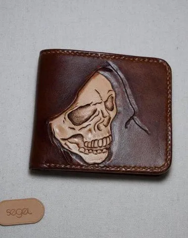 Handmade Leather Skull Death Tooled Mens billfold Wallet Cool Leather Wallet Slim Wallet for Men Free shipping wallets