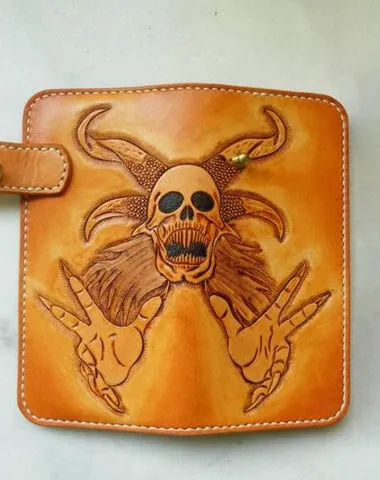 Handmade Leather Skull Devil Mens Chain Wallet Biker Wallet Cool Leather Wallet Long Tooled Wallets for Men Free shipping wallets