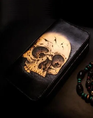 Handmade Leather Skull Double Zipper Mens Long Wallet Clutch Cool Leather Wallet Long Tooled Wallets for Men Free shipping wallets