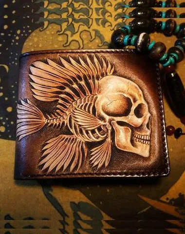 Handmade Leather Skull Fish Tooled Mens billfold Wallet Cool Leather Wallet Slim Wallet for Men Free shipping wallets