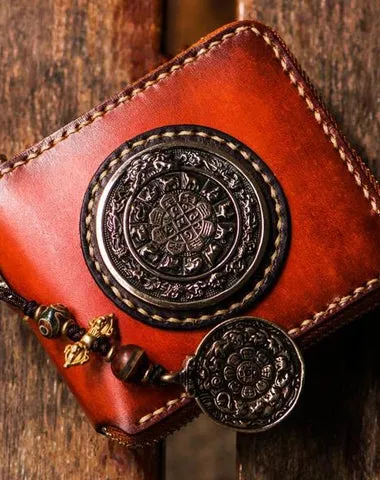 Handmade Leather Small Tibetan Tooled Mens billfold Wallets on sale Cool Chain Wallet on sale Biker Wallet on sale for Men