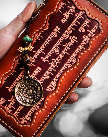 Handmade leather Tibetan scriptures biker wallet clutch zip long wallet brown leather men phone Cyber Monday wallet sale