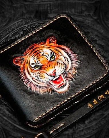 Handmade Leather Tiger Tooled Mens billfold Wallet on sale Cool Clutch Wristlet Bag Chain Wallet on sale Biker Wallet on sale for Men