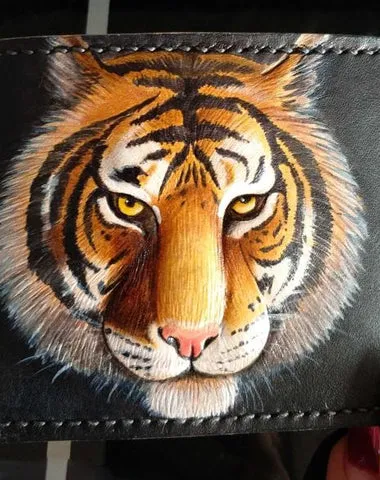 Handmade Leather Tiger Tooled Mens billfold Wallet on sale Cool Leather Wallet on sale Slim Wallet on sale for Men