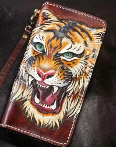 Handmade Leather Tiger Tooled Mens Chain Biker Wallet Cool Leather Wallet Long Phone Wallets for Men Cyber Monday wallet sale