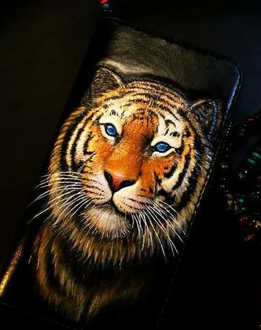 Handmade Leather Tiger Zipper Mens Long Wallet Clutch Cool Leather Wallet Long Tooled Wallets for Men Cyber Monday wallet sale