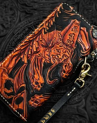Handmade Leather Tooled Black and White Mens Chain Biker Wallet Cool Leather Wallet Long Phone Wallets for Men Cyber Monday wallet sale