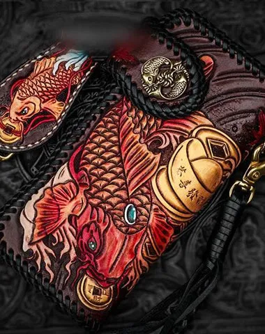 Handmade Leather Tooled Carp Mens Biker Chain Wallet Cool Leather Wallet Long Chain Wallets for Men Cyber Monday wallet sale