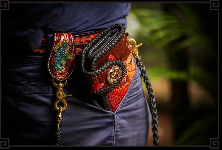 Handmade Leather Tooled Carp Mens Biker Chain Wallet Cool Leather Wallet Long Chain Wallets for Men