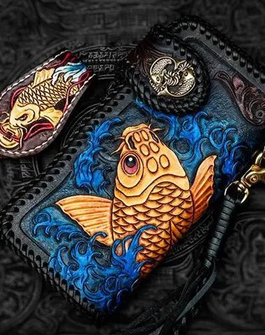 Handmade Leather Tooled Carp Mens Biker Chain Wallet Cool Leather Wallet Long Phone Wallets for Men Cyber Monday wallet sale