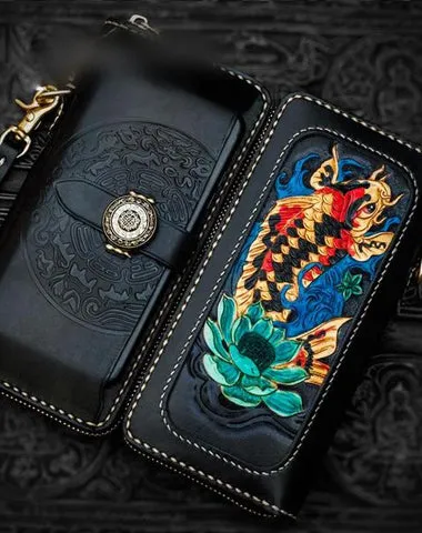 Handmade Leather Tooled Carp Mens Chain Biker Wallet Cool Leather Wallet Long Phone Wallets for Men Cyber Monday wallet sale