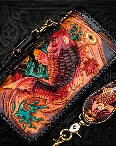 Handmade Leather Tooled Carp Mens Chain Biker Wallet Cool Leather Wallet Long Phone Wallets for Men Cyber Monday wallet sale