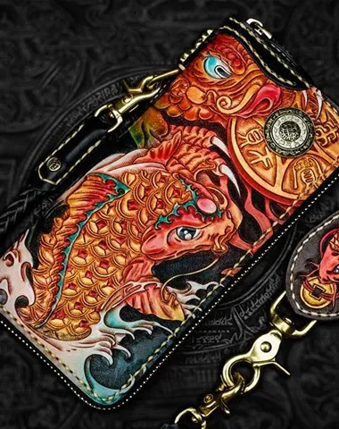 Handmade Leather Tooled Carp Mens Chain Biker Wallet Cool Leather Wallet Long Phone Wallets for Men Cyber Monday wallet sale