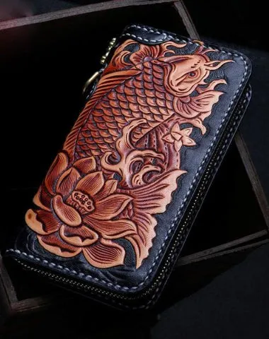 Handmade Leather Tooled Carp Mens Chain Biker Wallet Cool Leather Wallet Zipper Long Phone Wallets for Men Cyber Monday wallet sale