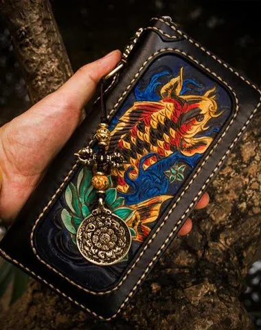 Handmade Leather Tooled Carp Mens Chain Biker Wallet Cool Leather Wallets Long Wallets for Men Cyber Monday wallet sale