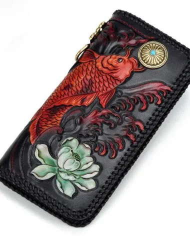 Handmade Leather Tooled Carp Prajna Mens Chain Biker Wallet Cool Leather Wallet Zipper Long Phone Wallets for Men Cyber Monday wallet sale