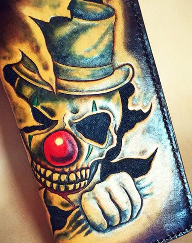 Handmade leather tooled carved wallet long wallet clown skull men biker long wallet Free shipping wallets
