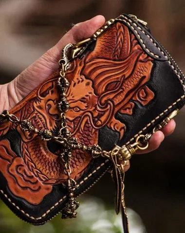 Handmade Leather Tooled Chinese Dragon Mens Chain Biker Wallet Cool Leather Wallet Zipper Long Phone Wallets for Men Cyber Monday wallet sale