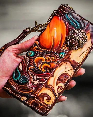 Handmade Leather Tooled Chinese Lion Mens Chain Biker Wallet Cool Leather Wallet Long Phone Wallets for Men Cyber Monday wallet sale