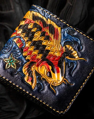 Handmade leather tooled fish carp Wallet on sale clutch black billfold Wallet on sale brown leather men