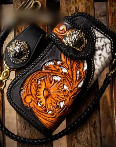 Handmade Leather Tooled Floral Mens Long Chain Biker Wallet Cool Leather Wallet With Chain Wallets for Men Cyber Monday wallet sale