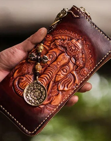 Handmade Leather Tooled Ganesh Mens Chain Biker Wallets Cool Leather Wallet Zipper Long Wallets for Men Cyber Monday wallet sale