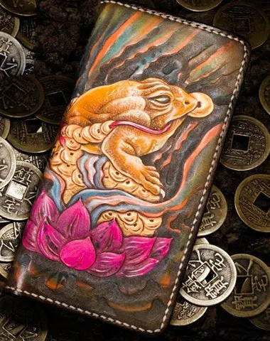 Handmade Leather Tooled Golden Toad Mens Chain Biker Wallet Cool Leather Wallet Long Phone Wallets for Men Cyber Monday wallet sale