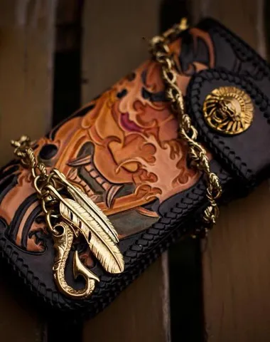 Handmade Leather Tooled Prajna Mens Chain Biker Wallet Cool Leather Long Wallet With Chain Wallets for Men Cyber Monday wallet sale