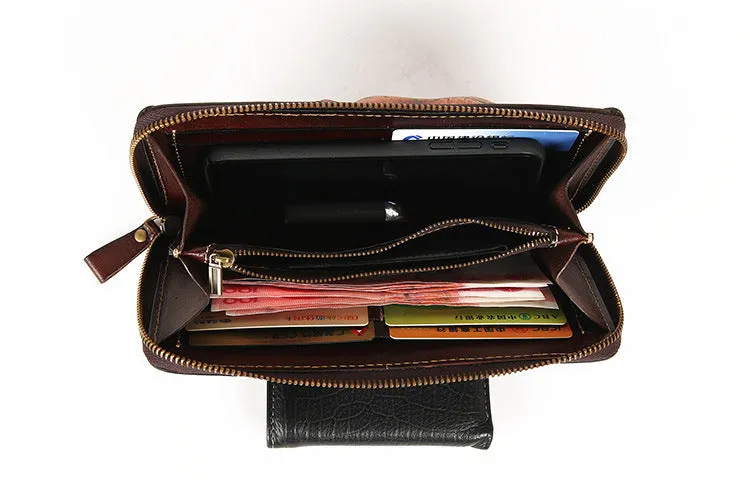 Handmade Leather Tooled Relief Skull Long Wallet Cool Skull Zipper Clutch Wristlet Wallet for Men