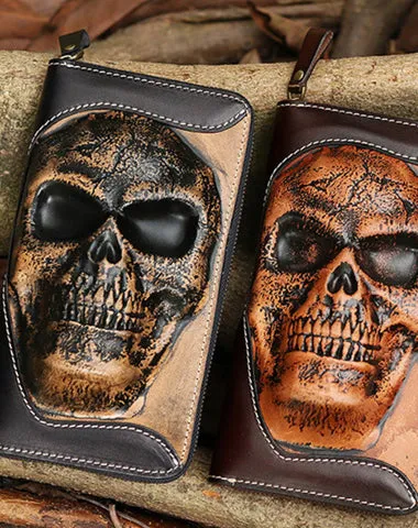 Handmade Leather Tooled Relief Skull Long Wallet Cool Skull Zipper Clutch Wristlet Wallet for Men Free shipping wallets