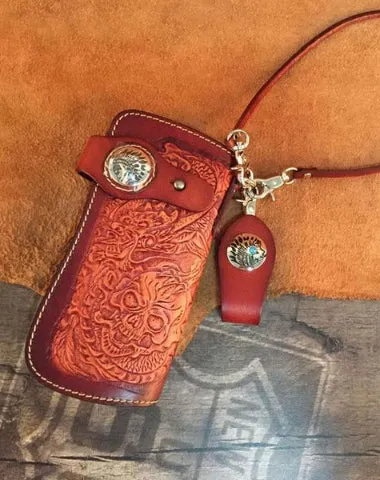 Handmade Leather Tooled Skull Mens Chain Biker Wallet Cool Leather Wallet Long Wallet for Men Cyber Monday wallet sale