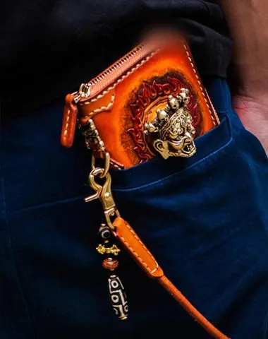 Handmade Leather Tooled Tibetan Mens Chain Biker Wallet Cool Leather Wallet Long Clutch Wallets for Men Cyber Monday wallet sale
