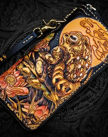 Handmade Leather Tooled Toad Chain Wallet Mens Biker Wallet Cool Leather Wallet Long Phone Wallets for Men Cyber Monday wallet sale