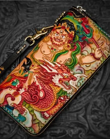 Handmade Leather Tooled White Jambhala Mens Chain Biker Wallet Cool Leather Wallet Zipper Long Phone Wallets for Men Cyber Monday wallet sale