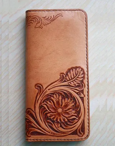 Handmade Leather Vintage Tooled Floral Mens Long Wallets Cool Long Wallet for Men Cyber Monday wallet sale