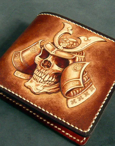 Handmade leather wallet men Japanese general Skull carved leather billfold wallet for him Free shipping wallets