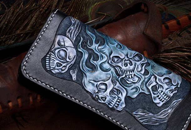 Handmade Leather Wallet Skull Wallet Tooled Leather Wallet Biker Wallet Wallets With Skulls