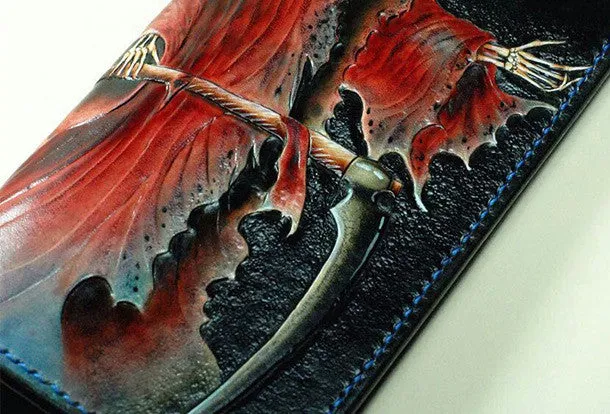 Handmade Long leather wallet men death angle tooled carved long wallet for him