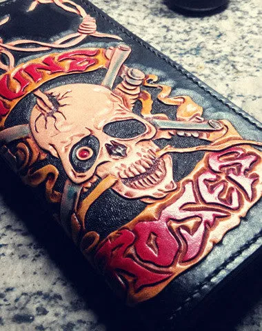 Handmade Long leather wallet men guns & roses skull black tooled carved long wallet for him Free shipping wallets