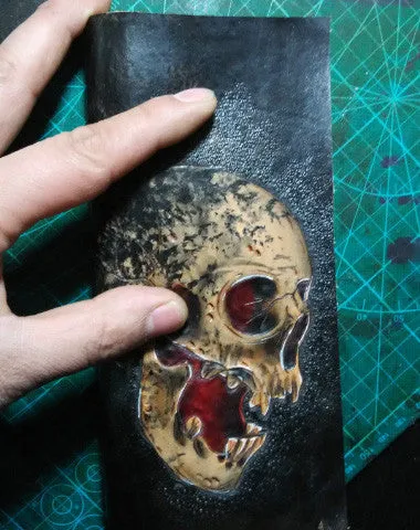 Handmade Long  leather wallet men skull tooled carved long wallet for him Free shipping wallets