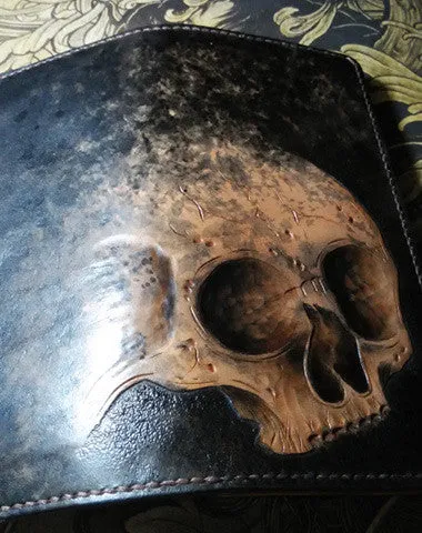 Handmade Long leather wallet men skull tooled carved long wallet for him Free shipping wallets