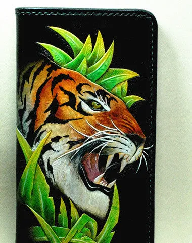 Handmade Long leather wallet men tiger black tooled carved long wallet for him Cyber Monday wallet sale