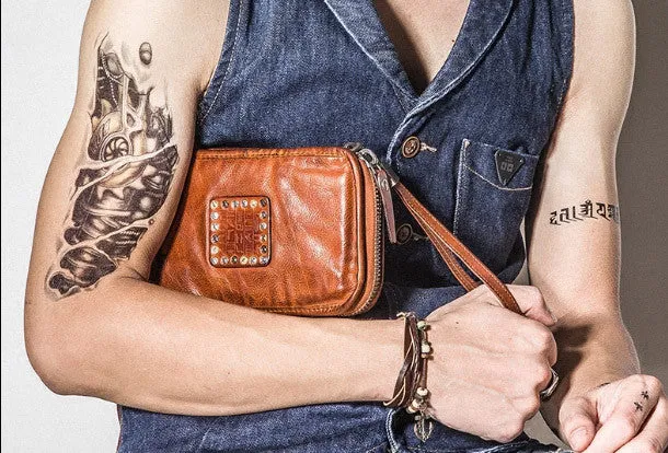 Handmade long wallet rivet leather men phone clutch vintage wallet for men