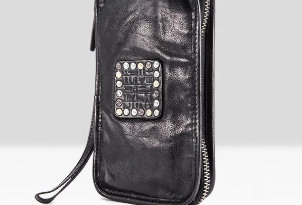 Handmade long wallet rivet leather men phone clutch vintage wallet for men