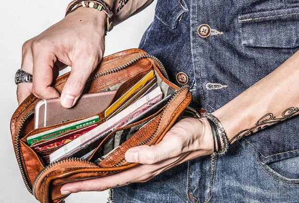 Handmade long wallet rivet leather men phone clutch vintage wallet for men
