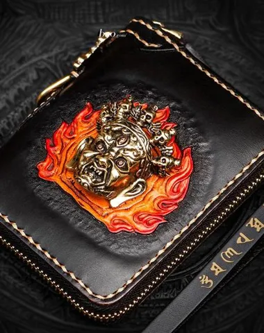 Handmade Mah¨¡k¨¡la Leather Black Biker Wallet on sale Mens Cool billfold Chain Wallet on sale Trucker Wallet on sale with Chain