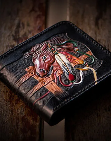 Handmade men billfold Wallet on sale black coffee leather horse carved billfold Wallet on sale for men