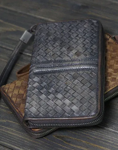 Handmade Men long leather wallet clutch men braided vintage gray brown wallet for him Cyber Monday wallet sale